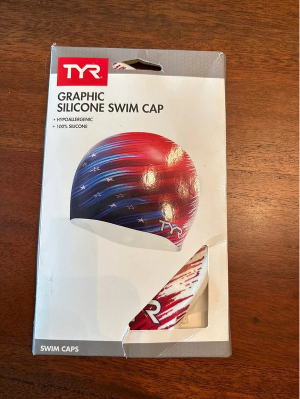 TYR Graphic Silicone Swim Cap Red White Blue Stars Patriotic USA Adult NEW